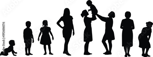 Female life stages silhouette from baby crawling to motherhood adulthood and elderly aging progression isolated flat vector illustration