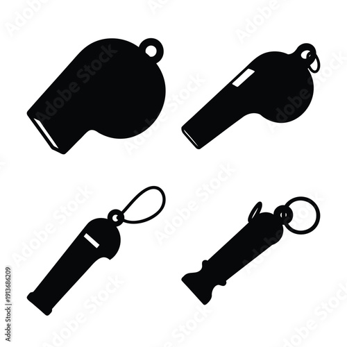 Collection of various black whistle silhouettes for sports and emergency signaling