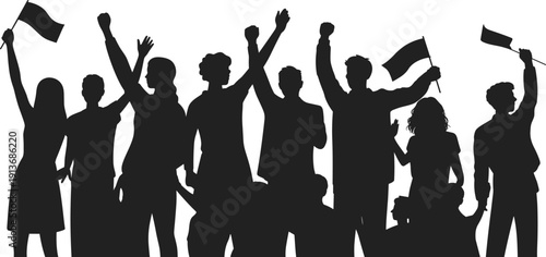 Crowd of People Silhouettes Waving Flags in Celebration or Protest Isolated on White Background, Flat Vector Illustration