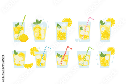 Lemonade drinks arranged in various styles with ice and straws