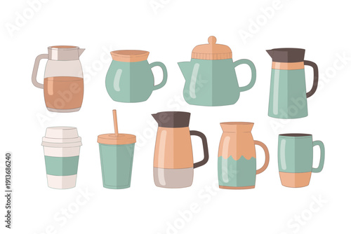 Coffee cups and teapots on a white background