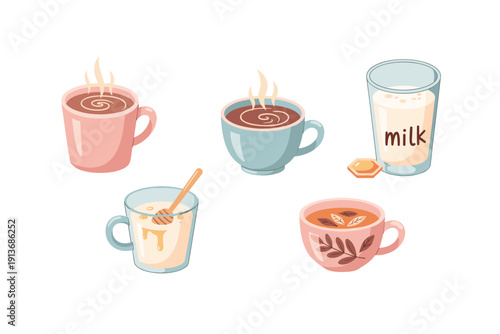 Different types of cups with drinks and milk on a white background