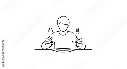 Person holding fork and spoon ready to eat meal.