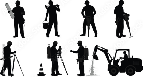 Construction worker silhouettes, land surveyor tripod icons, human head profile collection, group people symbol, black fire flame vector, industrial manual labor graphic elements.