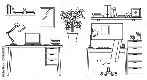 Sketch of a modern home office setup with desks and shelves.