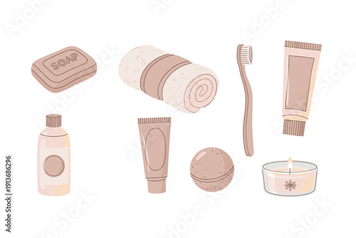 Items for personal care and hygiene on a clean background