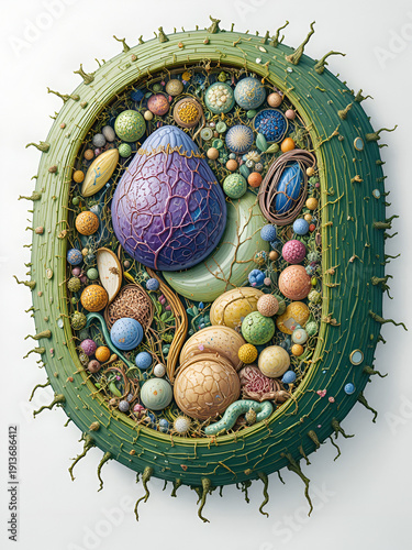 Detailed illustration showing the complex organelles and components of a typical eukaryotic plant cell structure for biology study, cell wall, nucleolus, ribosome