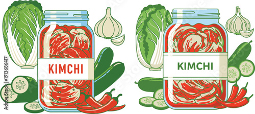 Fermented foods icons: kimchi jars and ingredients