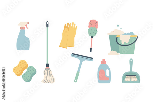 Cleaning supplies arranged on a plain background for household tasks