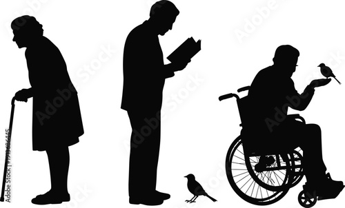 Elderly woman with cane, man reading book, and senior man in wheelchair with bird flat vector silhouette illustration