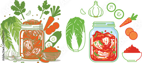 Fermented foods icons: kimchi and preserved vegetables