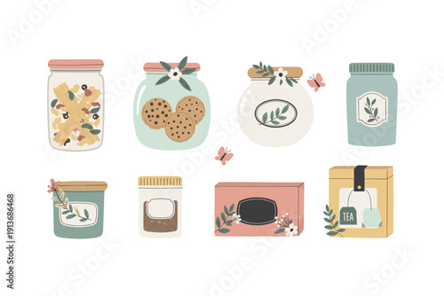 Different jars and containers with food items on a white background