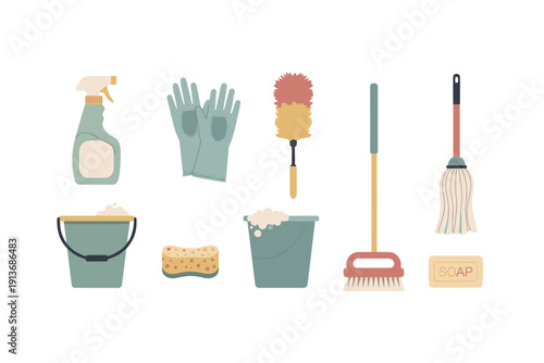 Cleaning tools and supplies arranged for household chores