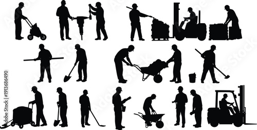 Construction worker silhouettes, land surveyor tripod icons, human head profile collection, group people symbols, black fire flame vector, industrial manual labor graphic elements.