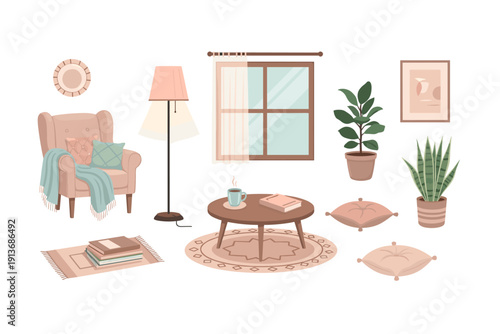 Cozy living room with plants, furniture and natural light