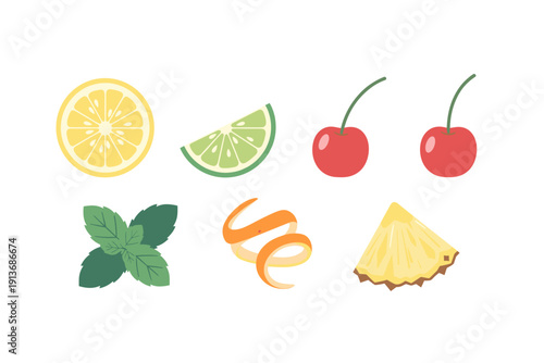 Fresh fruits and herbs on a white background for summer drinks