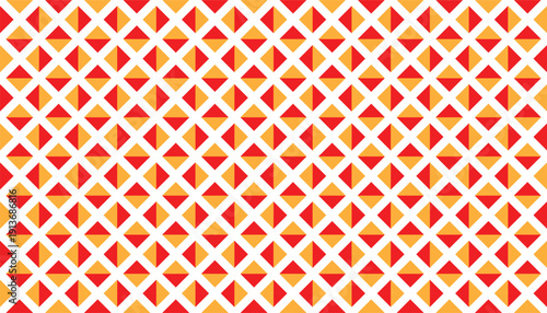 Seamless geometric pattern featuring a dense grid of red and gold split-tone diamonds. Abstract vector background with a 3D studded pyramid texture