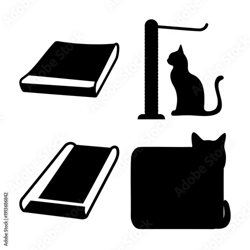 Black silhouette icons featuring a book, a sitting cat with a scratching post, a scroll, and a lounging cat.
