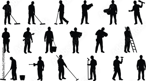 Construction worker silhouettes, land surveyor tripod icons, industrial machinery operator, human head profile collection, black fire flame and heart vector symbols, labor graphics.