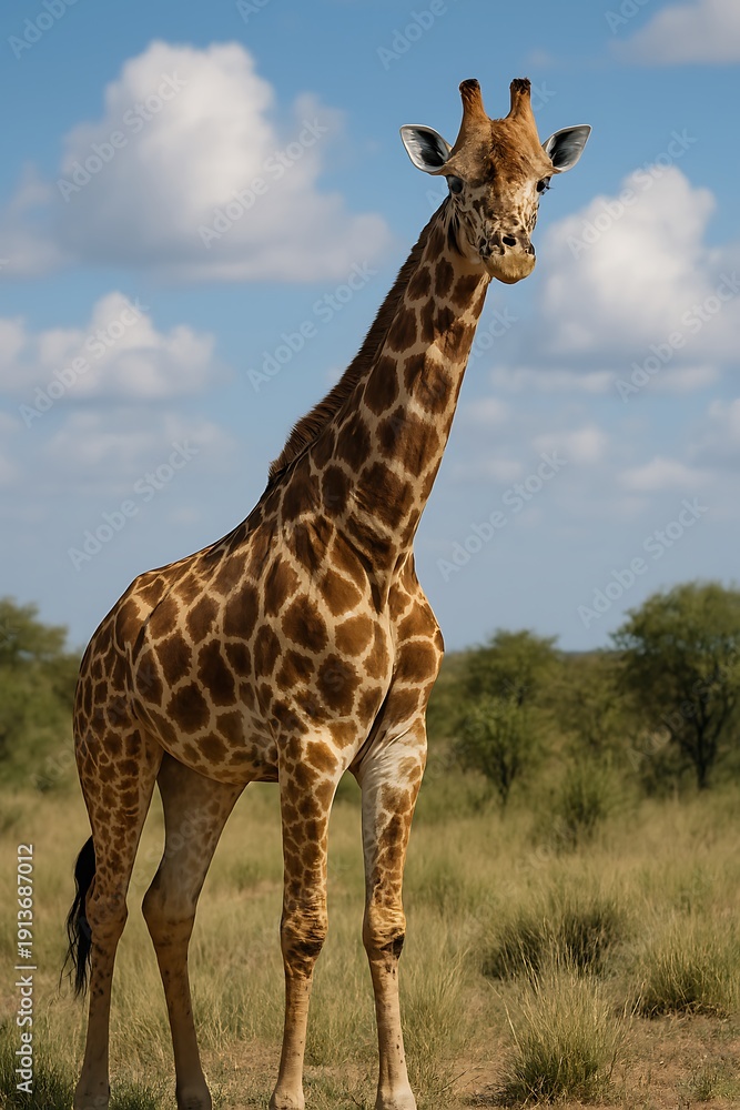 Obraz premium A tall giraffe stands in a grassy field with trees and a blue cloudy sky, viewed from the side.
