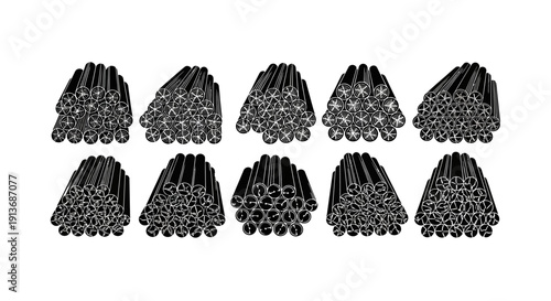 Assorted bundles of black metal rods in various sizes on white background for industrial use