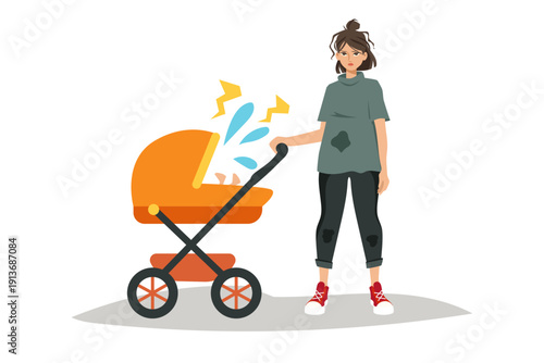 Depressed girl with a stroller. Motherhood. Vector cartoon illustration.