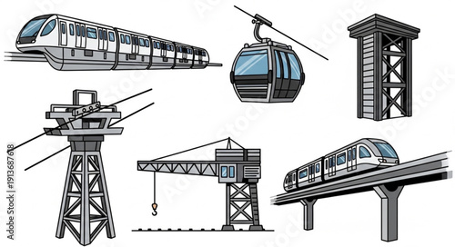 Collection of transportation and industrial elements.