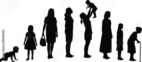 Female Life Journey Silhouettes from Baby to Motherhood and Elderly Age, Generational Growth Concept Vector Illustration