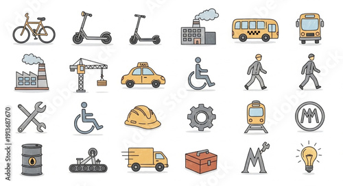 Collection of transportation and industry icons in a doodle style.