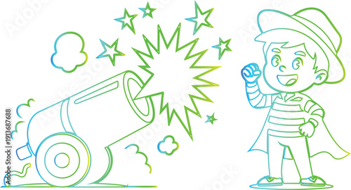 A cartoon-style illustration of a young boy dressed in a striped shirt, a hat, and a cape, standing confidently to the right. He is holding up his fist, seemingly ready to punch or make a gesture.