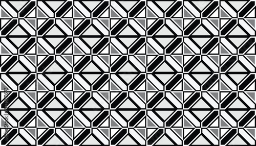 Seamless geometric pattern featuring a complex diagonal cross lattice in black, white, and grey. Abstract vector background with a high-density industrial structural grid