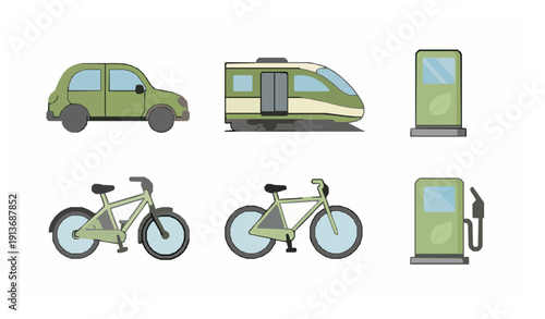 Eco transport vector collection with green car train bicycle and fuel pump isolated on white background