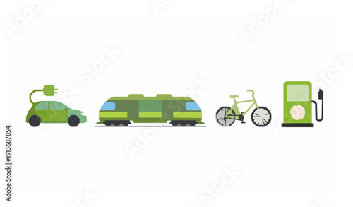 Sustainable transportation flat vector set with green car train bicycle and energy pump isolated on white background