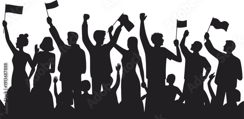 Crowd of People Silhouettes Waving Flags and Raising Hands at Rally Isolated on White Background Flat Vector Illustration