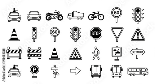 Collection of traffic and road signs icons.