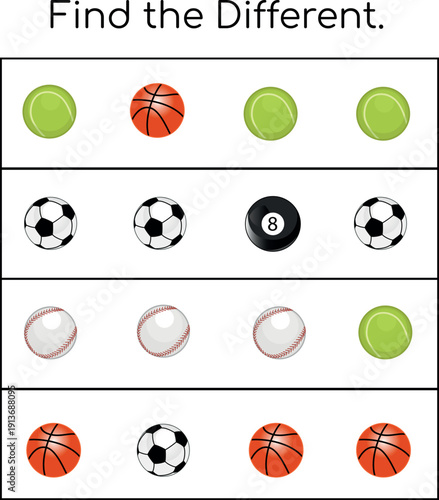Spot the Different Sports Equipment – Fun Toddler and Preschool Worksheet Vector