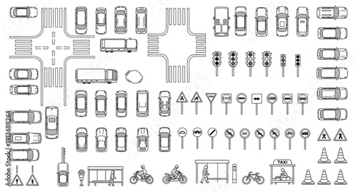 Collection of traffic signs and vehicles in a blueprint style.
