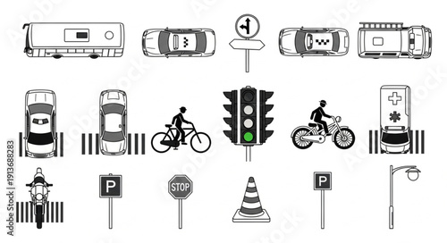 Collection of traffic signs and vehicles in a graphic style.