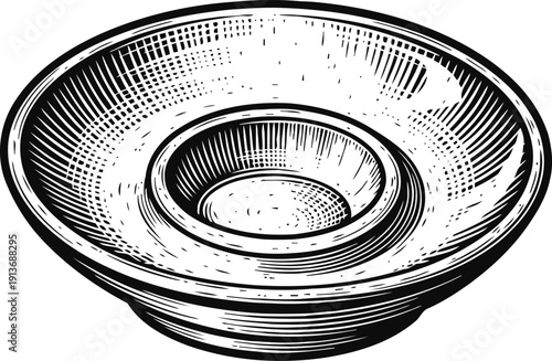 Vintage wooden bowl with engraved texture rustic tableware, kitchen utensil, hand carved dish illustration