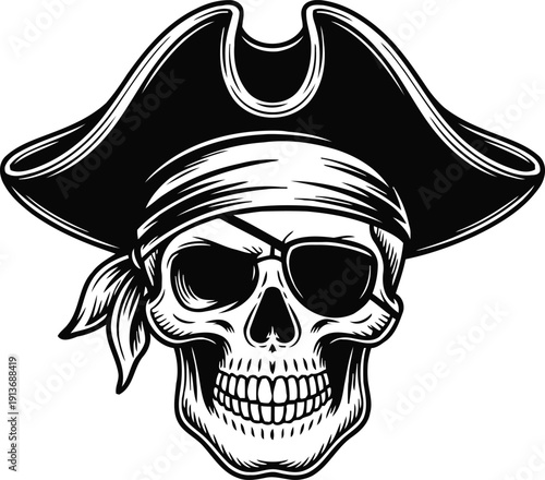 Pirate skull with bandana, eyepatch, and tricorn hat black and white pirate emblem design