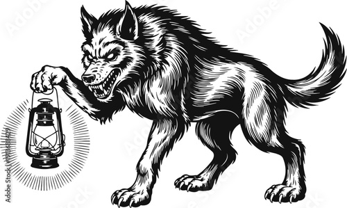 Ferocious wolf holding glowing lantern black and white vintage illustration