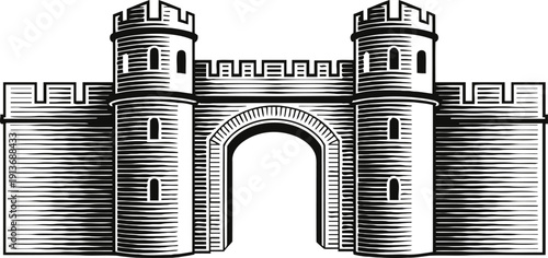 Medieval castle gate with two round towers and arched entrance in vintage engraving