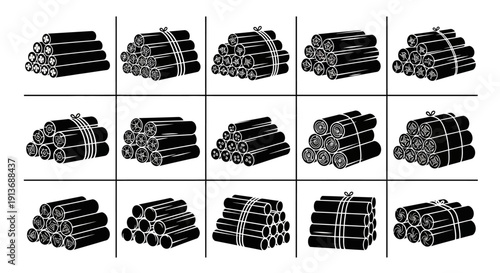 Variety of stacked and bundled wood piles in black and white illustrations for design use