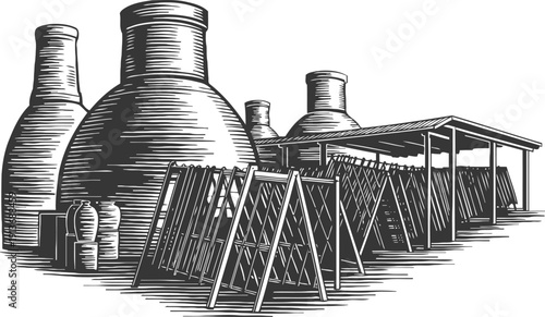 Traditional ceramic pottery drying racks with large clay pots and jars in rustic workshop
