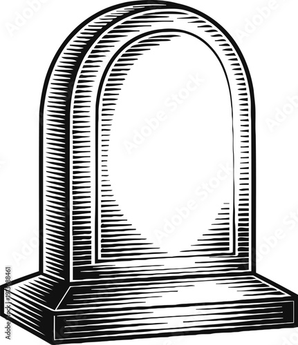 Vintage arched tombstone illustration with shadow details and base pedestal design
