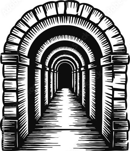 Stone archway corridor with repeating arches and shadowed passage, vintage black and white engraving