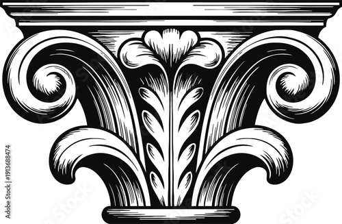 Ornate classical corinthian column capital with acanthus leaves and volutes in black and white engraving