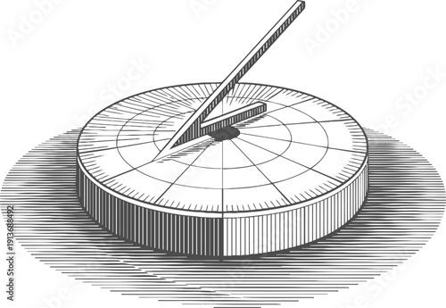 Vintage sundial engraving classic time measuring device with shadow indicator and circular dial