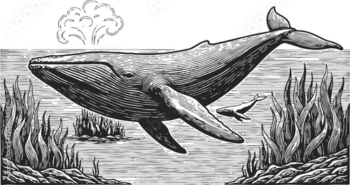 Detailed black and white illustration of a humpback whale swimming underwater among seaweed and smaller fish