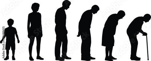 Human life stages silhouette set, male growth from child to elderly man with cane showing aging process timeline, flat vector illustration